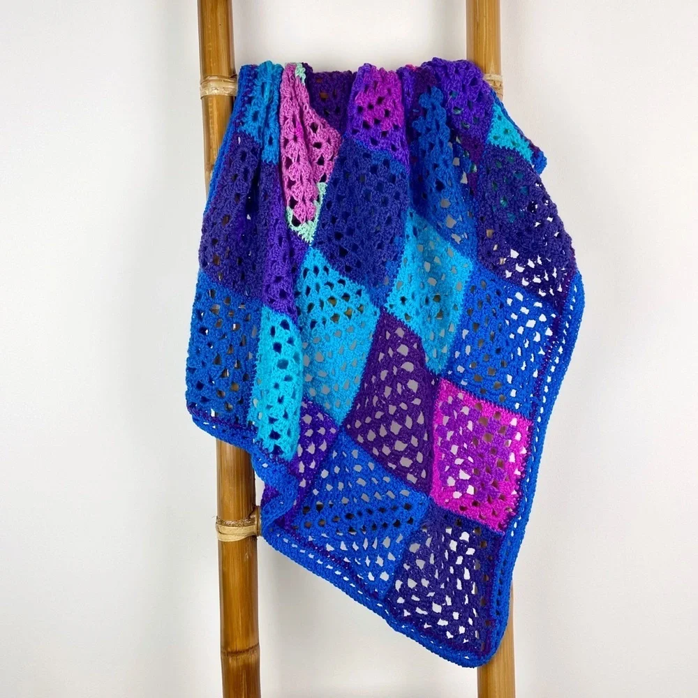 Granny Square Crochet Blue & Purple Afghan Throw Blanket